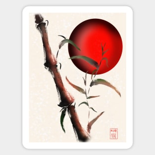 Sumi-e bamboo with a red rising sun Sticker